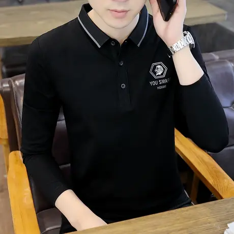 2024秋季款纯棉高端印花polo衫英伦男士修身长袖百搭翻领t恤上衣商品大图