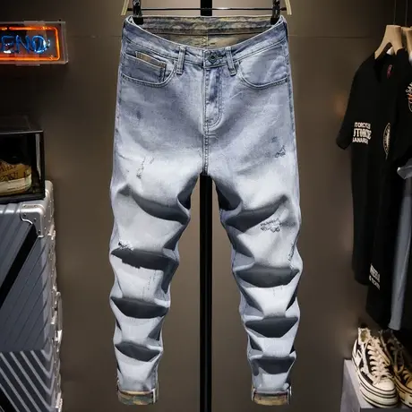 春夏季薄款浅色潮牌破洞牛仔裤男宽松直筒九分裤子男百搭学生弹力商品大图