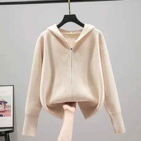 2023春秋新款连帽衫针织衫女士百搭拉链开衫长袖纯色外套上衣外搭商品大图