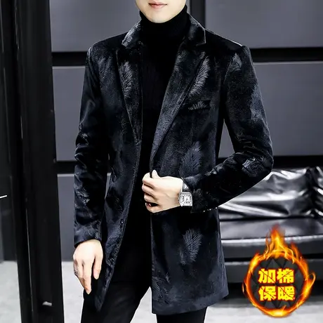 男士金丝绒外套冬季潮流中长款加厚风衣帅气加棉保暖男装英伦大衣图片
