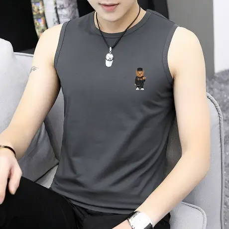 莫代尔冰丝背心男夏季健身跨栏运动坎肩中国潮流小熊宽肩无袖t恤商品大图