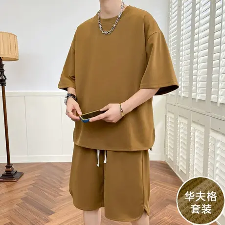 复古美式男士短袖夏季t恤套装潮牌ins宽松华夫格短裤一套运动衣服商品大图