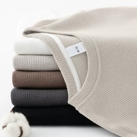 春秋款华夫格卫衣男无帽套头纯色上衣服加绒加厚保暖圆领长袖t恤图片