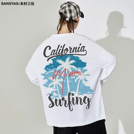 木村三社SANSYAS 椰树潮流印花美式长袖t恤男秋季全棉宽松打底衫商品大图