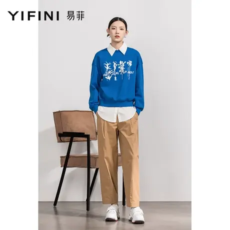 Yifini/易菲克莱因蓝宽松短款卫衣女春秋新款短款套头上衣商品大图