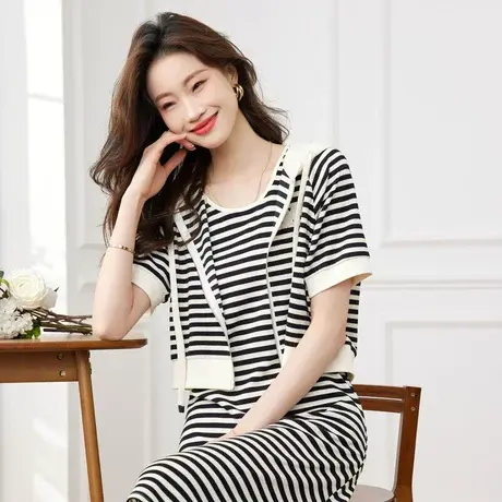 时尚气质条纹短袖外套2023年夏季新款女简约休闲显瘦通勤连帽上衣商品大图