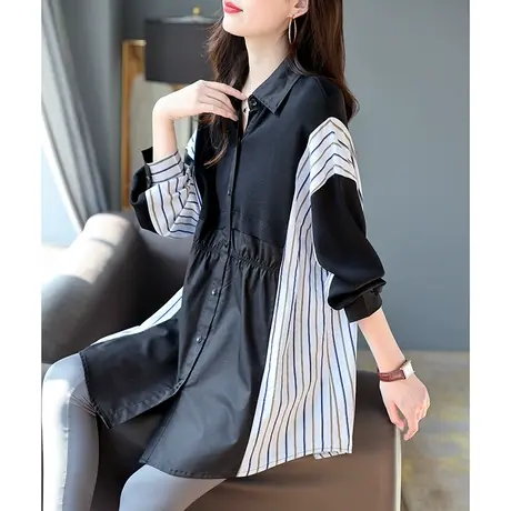 宝诗黎春季新款假两件条纹拼接衬衫2024中长款设计感收腰时尚衬衣商品大图