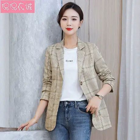 2025春装新款网红西装外套女休闲韩版修身长袖西服中长款格子上衣商品大图