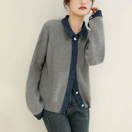 韩潮袭人2023秋冬新款慵懒风拼接牛仔宽松灰色针织开衫毛衣外套女图片