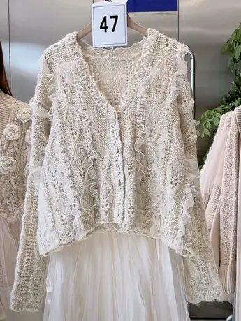 奶系软糯毛针织开衫女2023秋装新款气质V领蕾丝拼接宽松百搭上衣商品大图