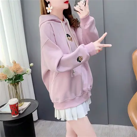 卡通小熊刺绣连帽卫衣女薄款2023新款春季设计感洋气减龄时尚上衣商品大图