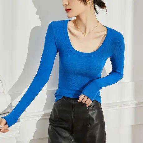 低圆领长袖T恤女2022年早春新品修身打底衫克莱因蓝薄款纯色上衣商品大图