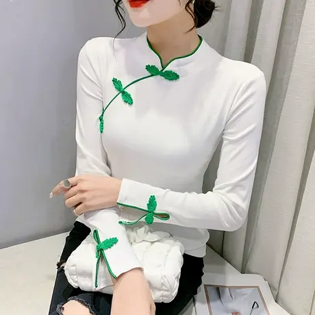 复古盘扣T恤打底衫女长袖2024春秋新款中国风上衣修身显瘦小衫潮图片