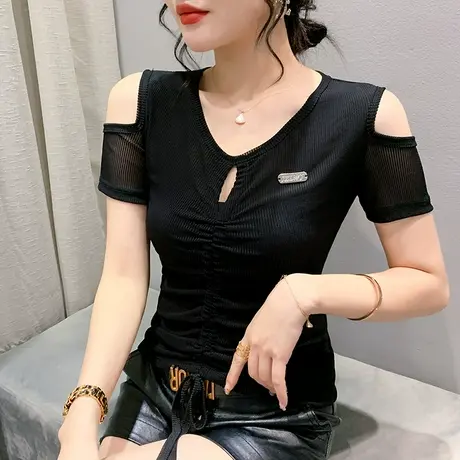 欧货夏季网纱T恤女短袖时尚设计感小众抽绳V领上衣性感露肩小衫女图片