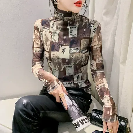 性感半高领T恤女长袖时尚扎染印花不规则上衣洋气修身减龄打底衫商品大图