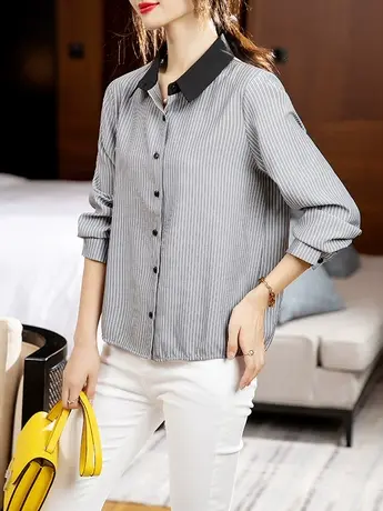 2023秋季新款翻领长袖条纹衬衫女小众设计感衬衣通勤百搭女上衣潮商品大图