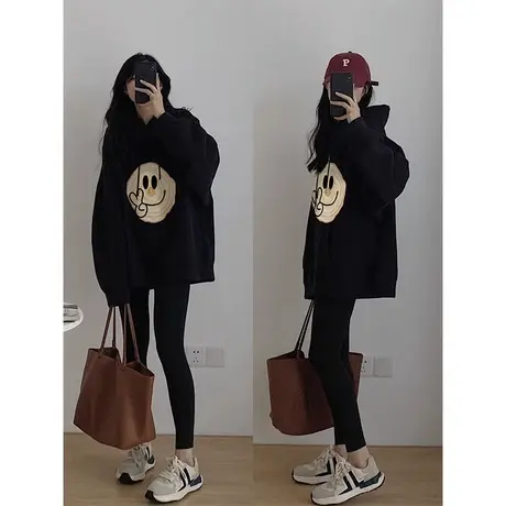 黑色连帽卫衣女2024新款爆款秋冬冬小个子慵懒风宽松加绒冬季外套商品大图