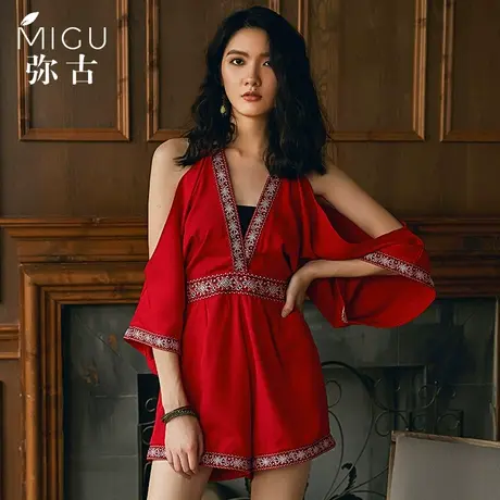 设计感小众连衣短裤波西米亚阔腿裤雪纺女士夏红色挂脖连体裤套装商品大图