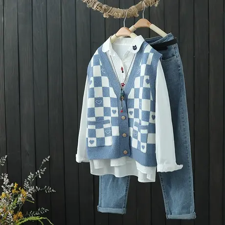 V领单排扣针织马甲女2022春季新款复古叠穿短款毛衣背心外搭马夹商品大图