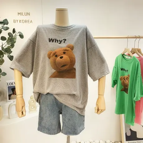 2021夏季T恤女韩国东大门小众设计感卡通小熊雪花棉薄款短袖宽松图片