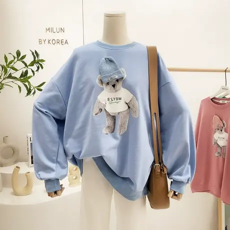 韩国东大门春秋薄款卫衣洋气减龄小熊圆领卫衣毛圈棉宽松大码包臀商品大图