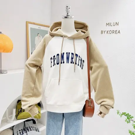 2022秋款韩国东大门复古设计感美式字母小众高级咖色拼色连帽卫衣商品大图