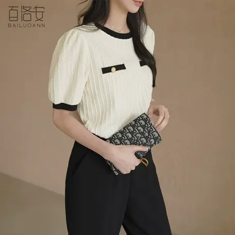百洛安时尚泡泡袖薄款套头上衣女夏季新款百搭宽松休闲圆领T恤衫商品大图
