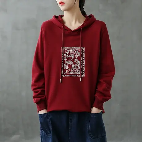 dza 2022春秋新款上衣刺绣连帽毛圈短款复古卫衣女士长袖宽松外套图片