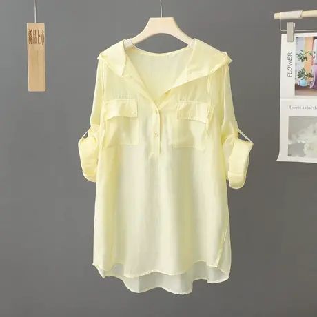夏季薄款黄色轻薄防晒衫女长袖中长款宽松大码防晒衣外套连帽罩衫商品大图