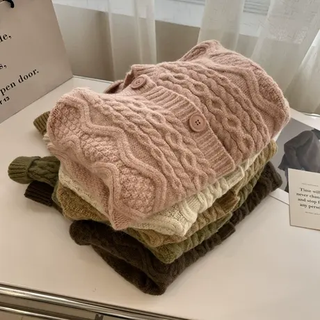 百搭复古温柔软糯重工开衫麻花毛衣女宽松慵懒风针织上衣2023秋冬商品大图