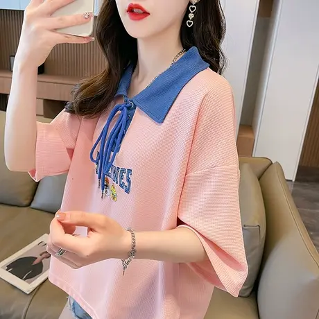 小众设计感短袖t恤女2023新款夏季韩版宽松polo领短款假两件上衣图片