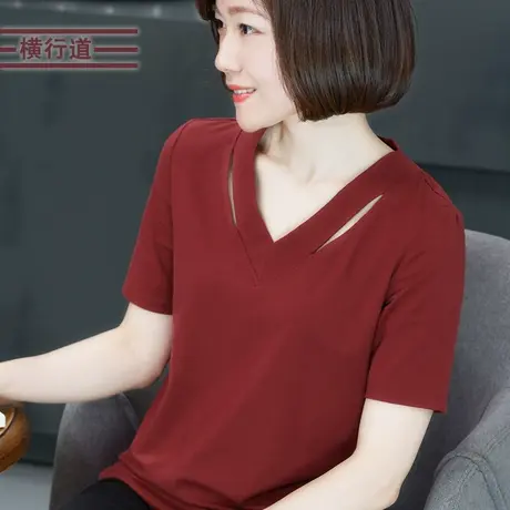 2025夏装宽松短袖t恤女士内搭半袖打底衫v领新款体桖镂空大码上衣图片