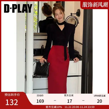 DPLAY新法式复古经典黑系带丝绒抽褶氛围感漫画腰小衫上衣商品大图