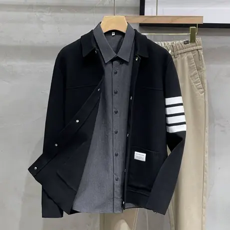 男士条纹袖针织开衫秋季新款时尚潮牌修身翻扣毛衣外套休闲夹克男商品大图