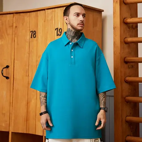 oversize欧美胖子男装大码纯色简约宽松polo衫短袖T恤潮流半袖夏图片