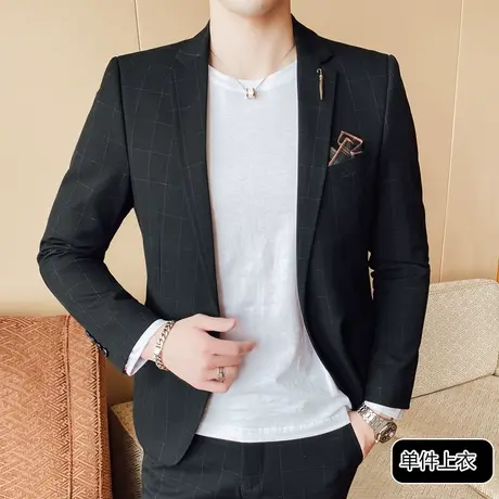 男士西装外套春秋新款休闲青年格子小西服套装韩版发型师潮流图片