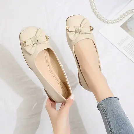 韩版粗跟软皮单鞋女2024年夏季新软底款蝴蝶结浅口方头中跟豆豆鞋商品大图