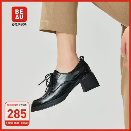 BEAU绑带小皮鞋粗跟单鞋女新款真皮鞋子夏季复古英伦风黑色高跟鞋图片