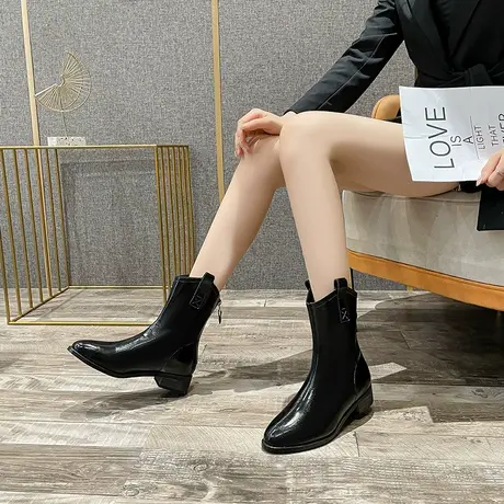 尖头马丁靴女粗跟2024年秋冬季新款性感百搭漆皮短筒瘦瘦靴及裸靴商品大图