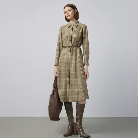 LANCY/朗姿羊毛冬季新款格纹衬衫连衣裙子女中长款通勤女裙子奥莱图片