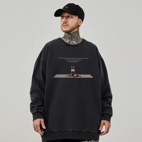 美式复古趣味卡通嘻哈大码圆领卫衣男装纯棉重磅做旧加绒秋冬款男商品大图