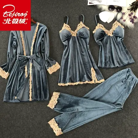 金丝绒性感睡衣女春秋冬睡袍吊带胸垫睡裙长袖蕾丝家居服四件套装商品大图