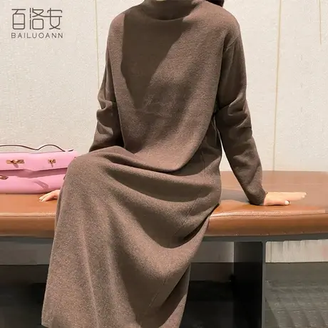 百洛安半高领长款过膝套头毛衣女冬季时尚宽松休闲直筒针织连衣裙图片