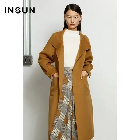 INSUN恩裳奥莱冬季摩登感翻领收腰毛呢外套大衣商品大图