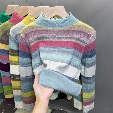 一体绒半高领毛衣女加绒厚打底衫2023秋冬新款条纹针织衫内搭上衣图片