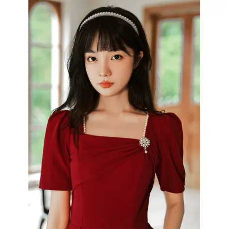 敬酒服新娘2023新款女夏季结婚订婚礼服连衣裙平时可穿回门酒红色图片