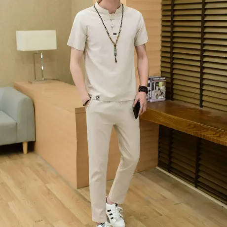 唐装男青年套装复古盘扣禅修居士服中式茶服短袖中国风男装薄款夏图片