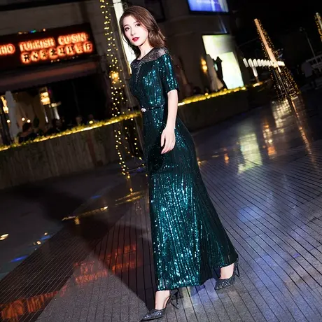 晚礼服女2023新款长款气质亮片绿色宴会年会主持人鱼尾显瘦连衣裙图片