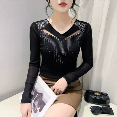 性感网纱镂空V领拼接重工烫钻上衣气质T恤女修身长袖百塔打底小衫商品大图