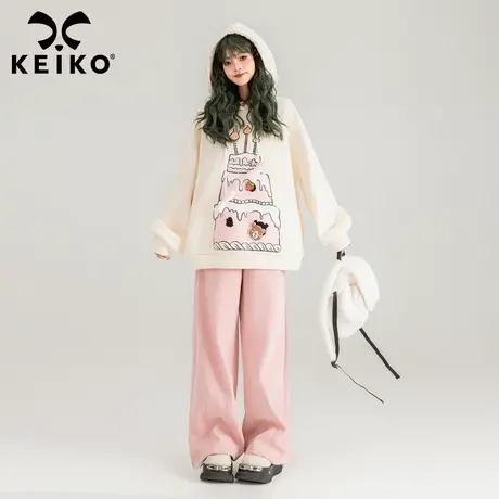 KEIKO 甜美蛋糕印花连帽卫衣加绒2024春季日系少女感oversize上衣图片